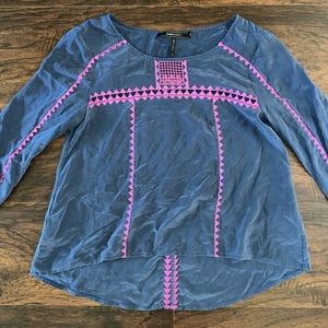 BCBG Maxazria Navy Blue Purple Silk Embroidered 3/4 Sleeve Top Blouse XS